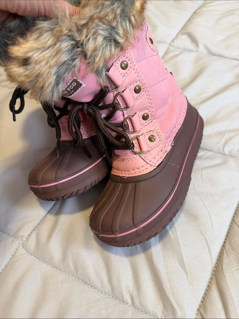 London Fog Pink and Brown Kids Snow Boots with Faux Fur Cuff